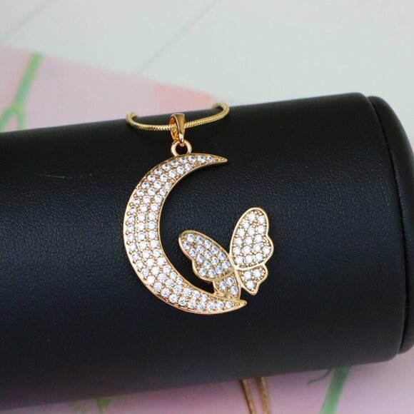 "Moon and Butterfly Rose Gold Pendant with Crystals, XPPT1219 - Picture 8 of 13